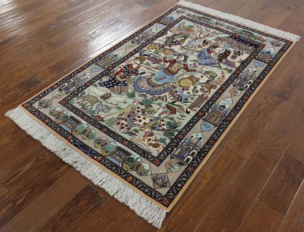 Pictorial Scene Signed Persian Isfahan Hand Knotted Wool and Silk Rug, 4x6