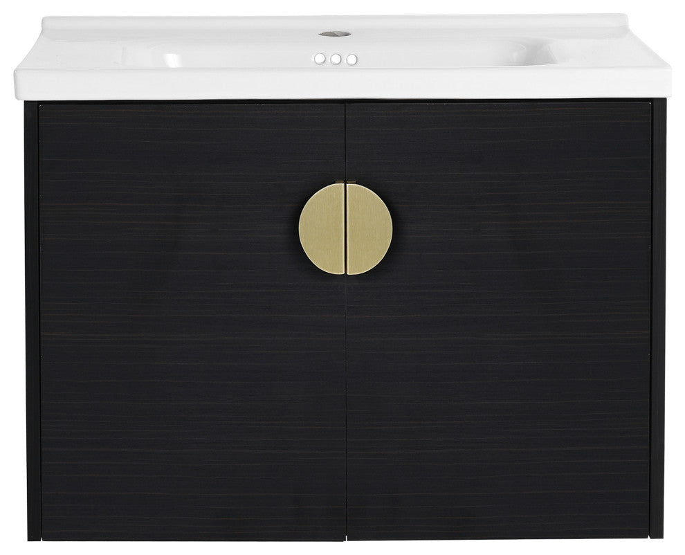 28" Plywood Wall Mounted Bath Vanity Set, Black, Ceramic Basin