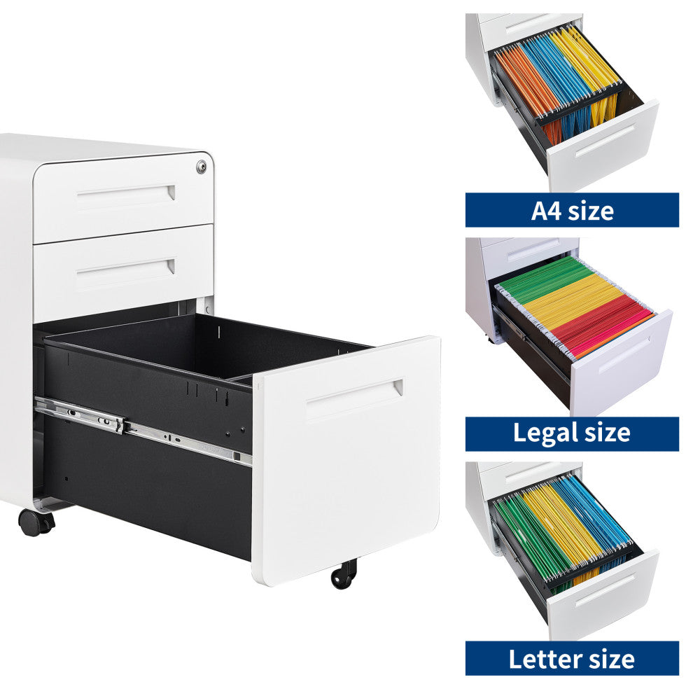 Under Desk File Cabinet, 3 Drawer Mobile Filing Cabinet, Lock, White