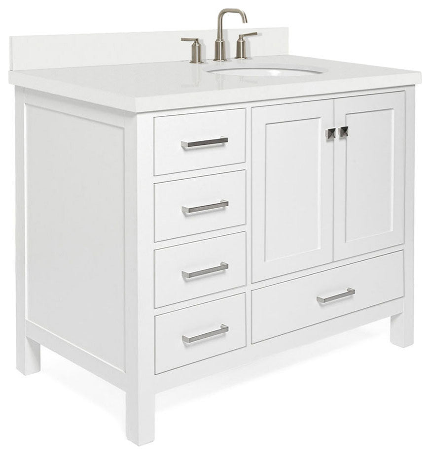 ARIEL Cambridge 43" Right Offset Oval Sink Bathroom Vanity White With Quartz Top