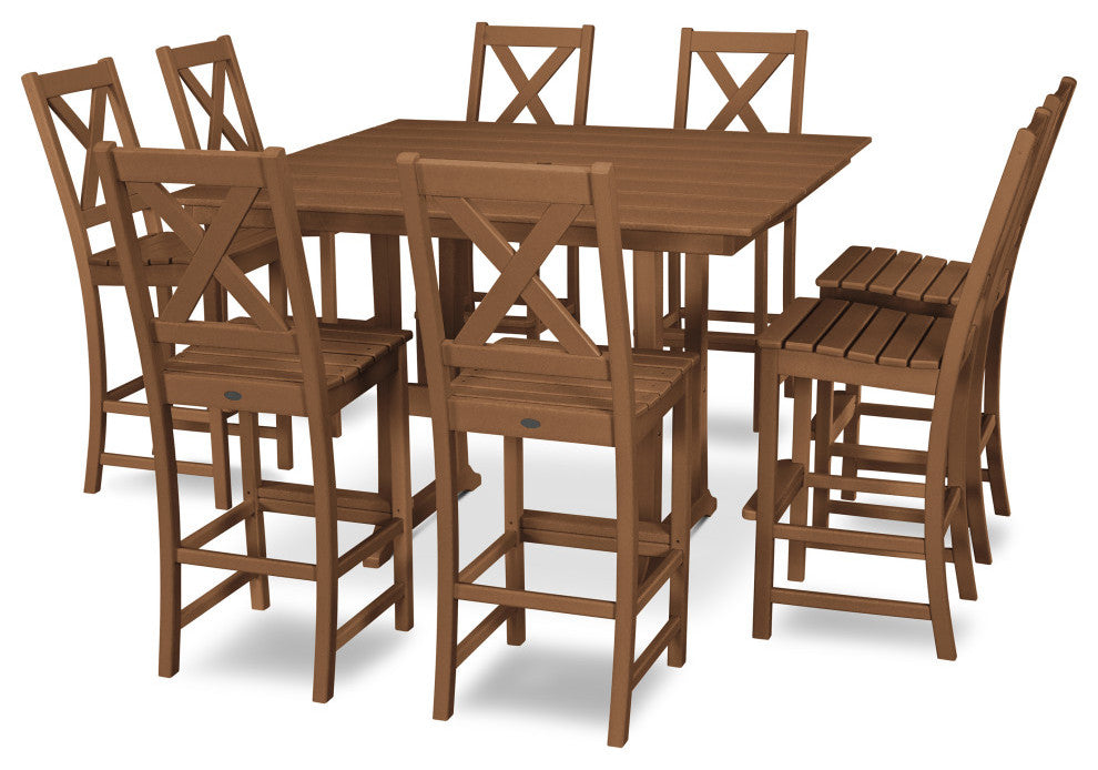 Braxton 9-Piece Farmhouse Trestle Bar Set, Teak