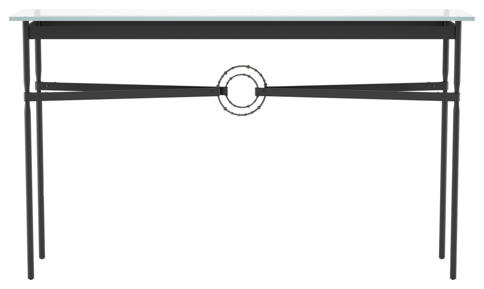 Equus Console Table, Black Finish - Natural Iron Accents - Black Leather Strap