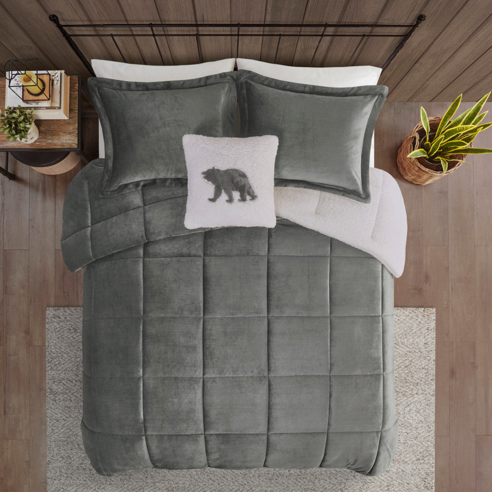 Woolrich Alton Plush to Sherpa Winter Comforter Set, Grey, King