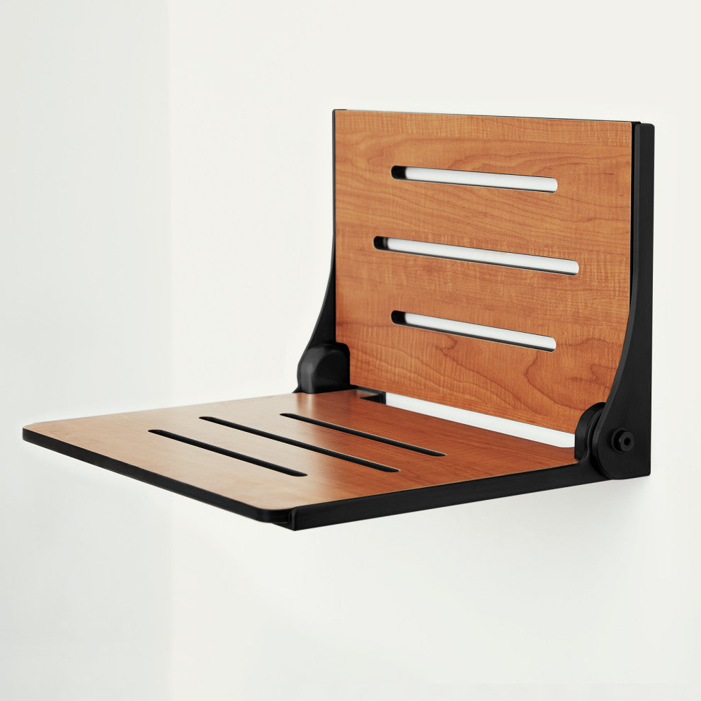 Silhouette Folding Wall Mount Shower Bench Seat, Teak Seat With Matte Black Frame