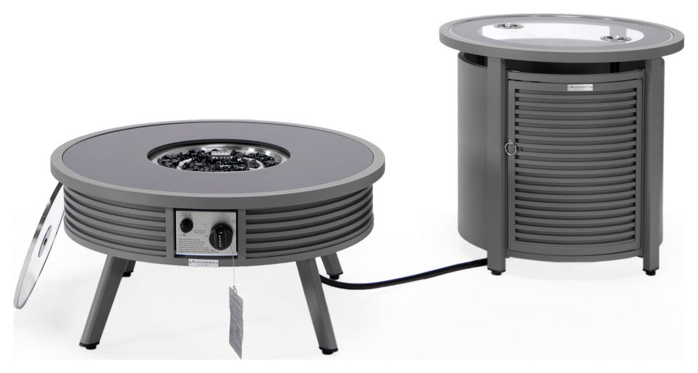 LeisureMod Walbrooke Round Fire Pit Table and Tank Holder With Slats, Gray