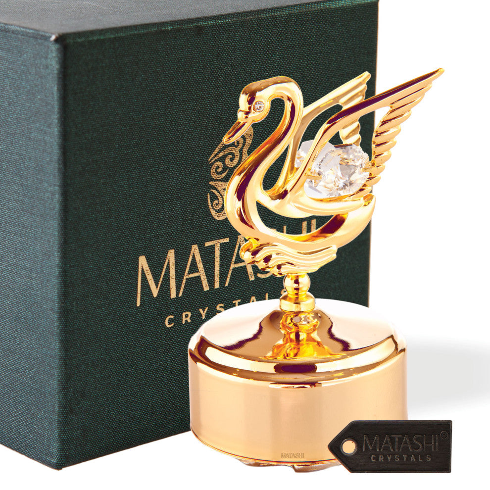 24K Gold Plated Music Box w Swan Figurine