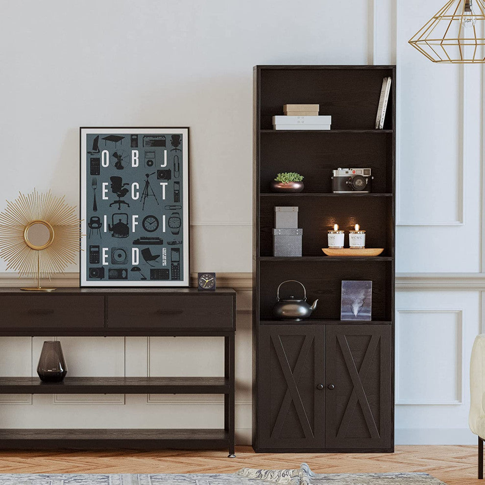 Industrial Bookshelf with Doors Floor Standing and 6 Storage Shelves 70 in Tall