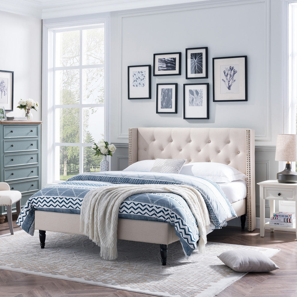 GDF Studio Ray Traditional Fully-Upholstered Queen-Size Bed Frame, Beige