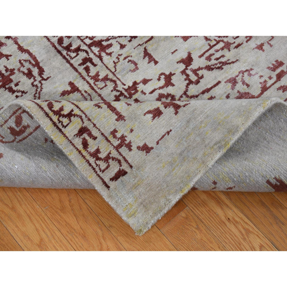 Beige Broken Heriz Design Wool and Silk Hand Knotted Oriental Rug 9'x11'9"