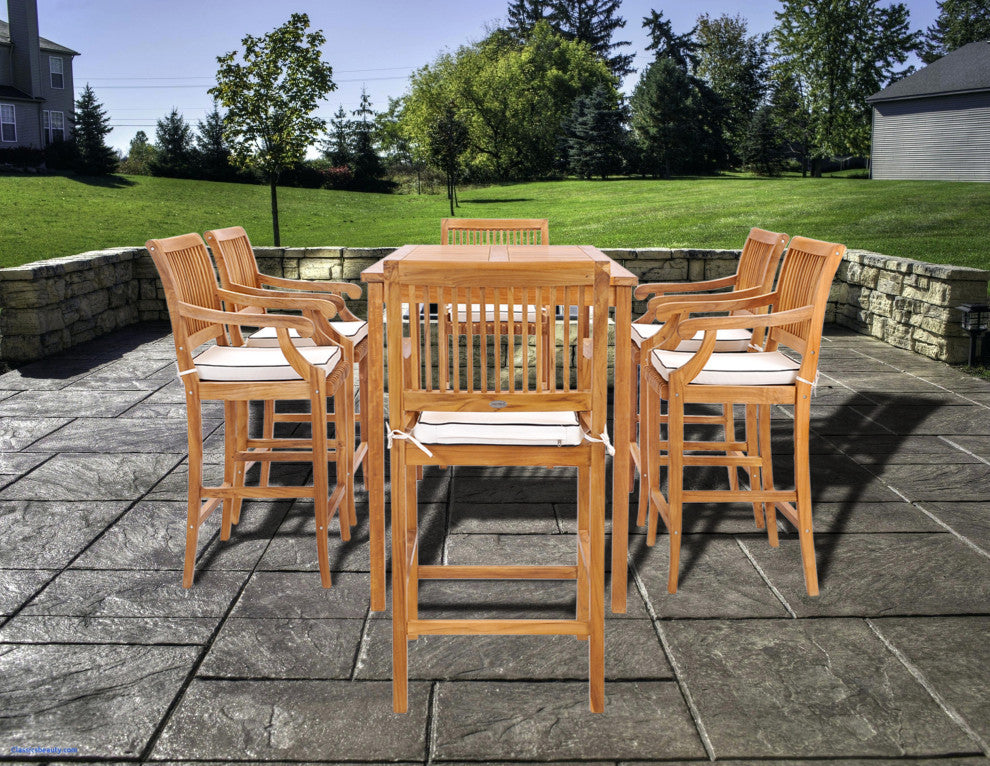 7 Piece Teak Wood Castle 71" Rectangular Bistro Bar Set with 6 Barstools w/ Arms