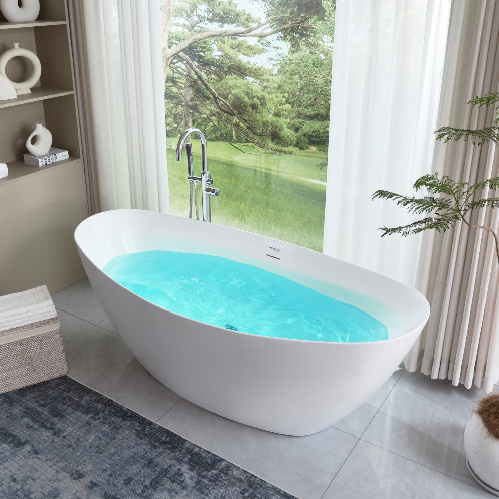 Vanity Art 71" x 33" Acrylic Freestanding Soaking Bathtub, White/Integrated Overflow