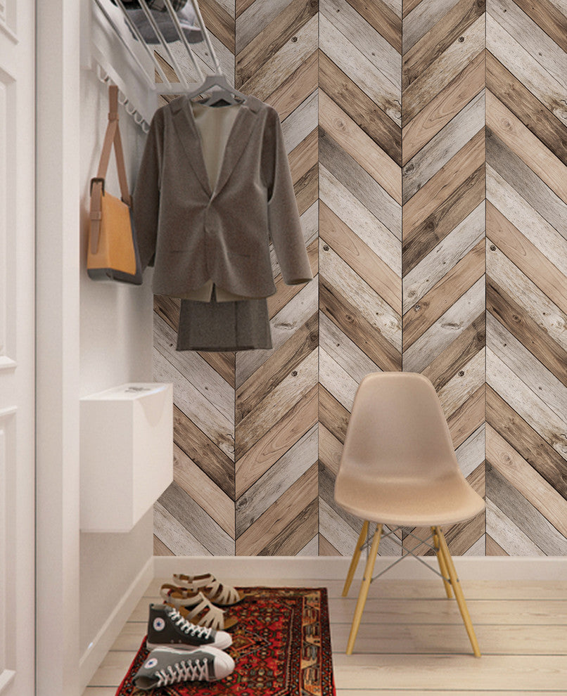 Chevron Wood Herringbone Peel and Stick Vinyl Wallpaper, Original, 24"w X 60"h