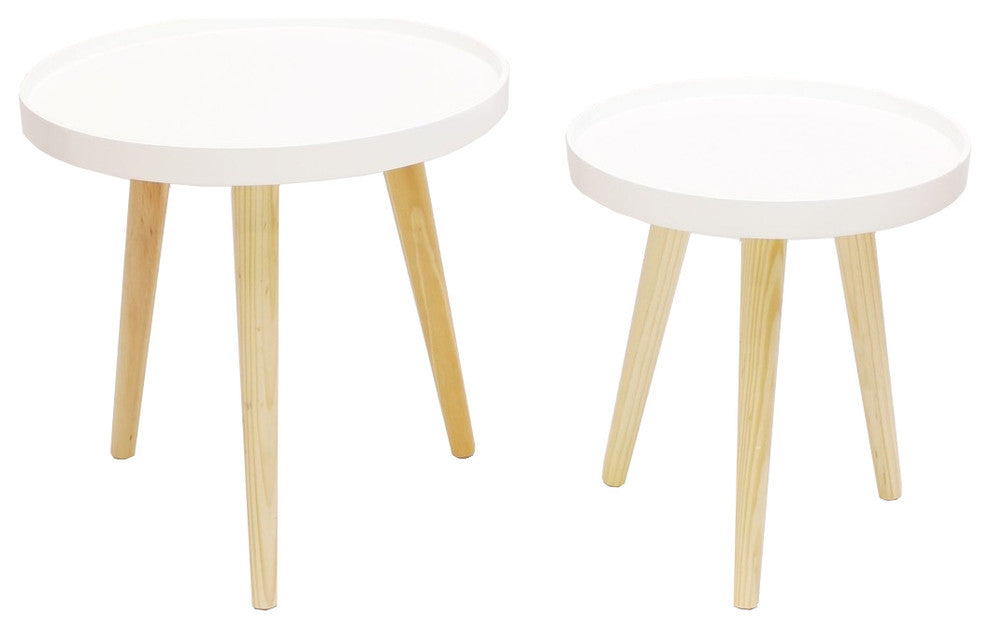 2 Tone Wood 3-Leg Round Tray-top Side Tables, 2 Piece Set
