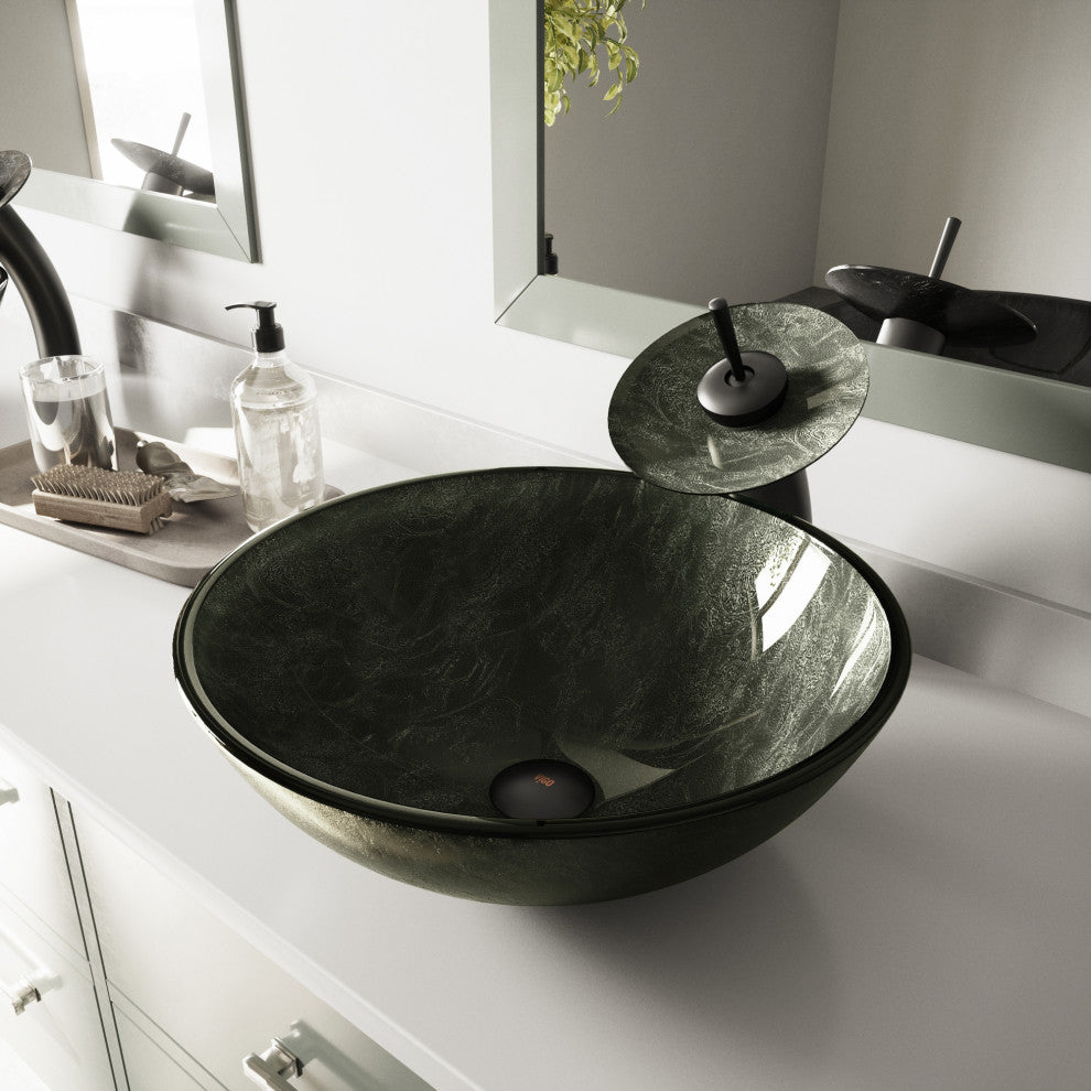 VIGO Giovanni 17"L x 17"W x 6"H Glass Round Vessel Bathroom Sink, Gray Onyx