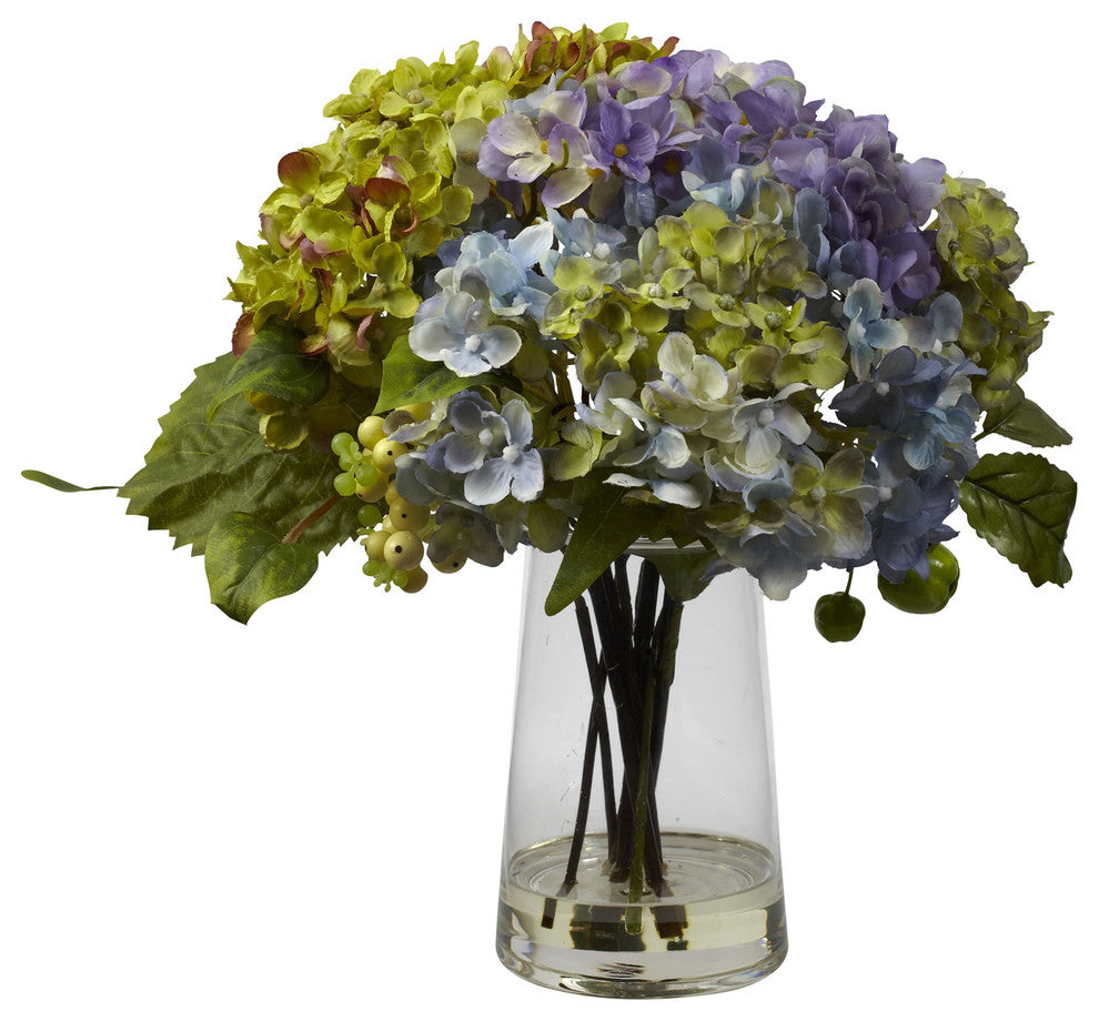Hydrangea With Glass Vase Arrangement