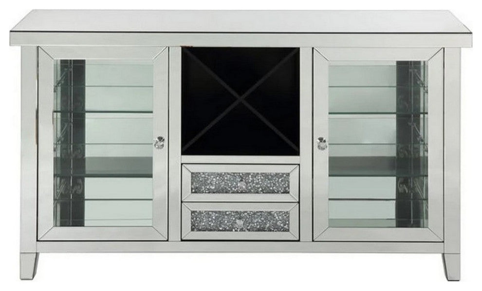 Benzara BM251174 LED Wine Cabinet, Mirror Panel Framing/2 Glass Doors, Silver