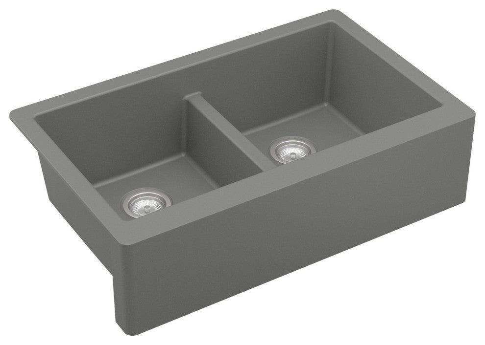 Karran Farmhouse Apron Front Quartz 34" Double Bowl Kitchen Sink, Grey