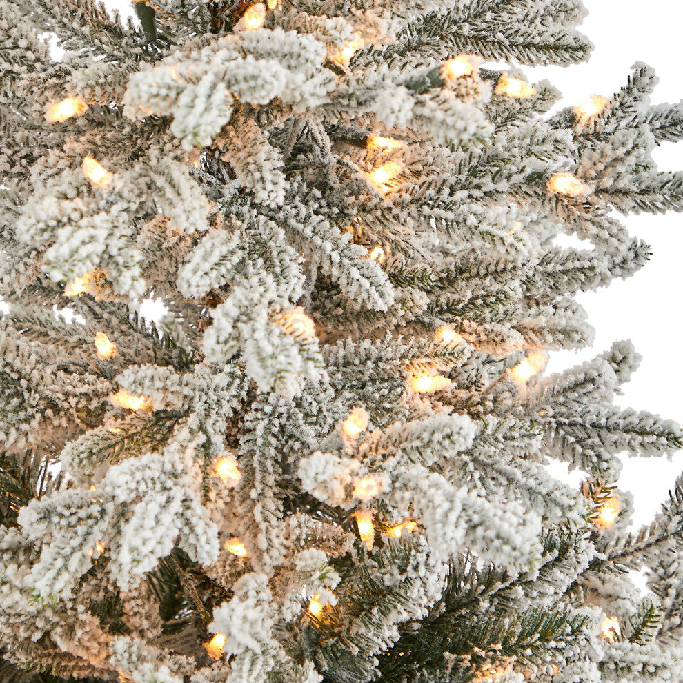 57" Flocked Fraser Fir Faux Xmas Tree W/Lights & Bendable Branches Tower Planter