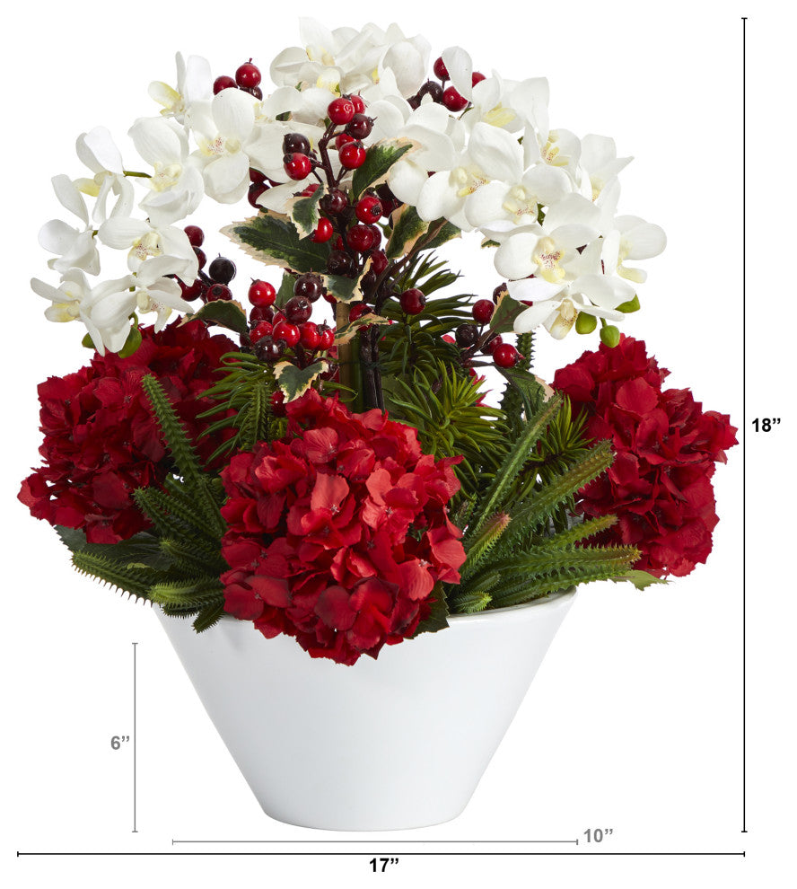18" Phalaenopsis Orchid, Hydrangea, Cactus & Holly Berry Faux Arrangement, Vase