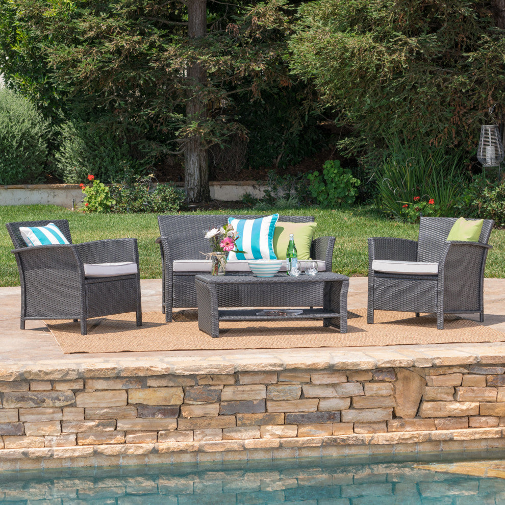 GDF Studio 4-Piece Lorien Outdoor Wicker Chat Set With Water Resistant Cushions
