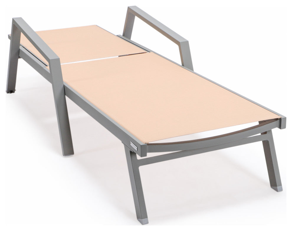 LeisureMod Marlin Chaise Lounge Chair With Arms and Fire Pit Table, Light Brown