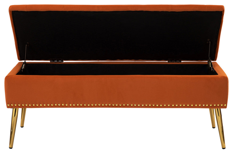 Button-tufted Storage Bench with Nailhead Trim, Orange