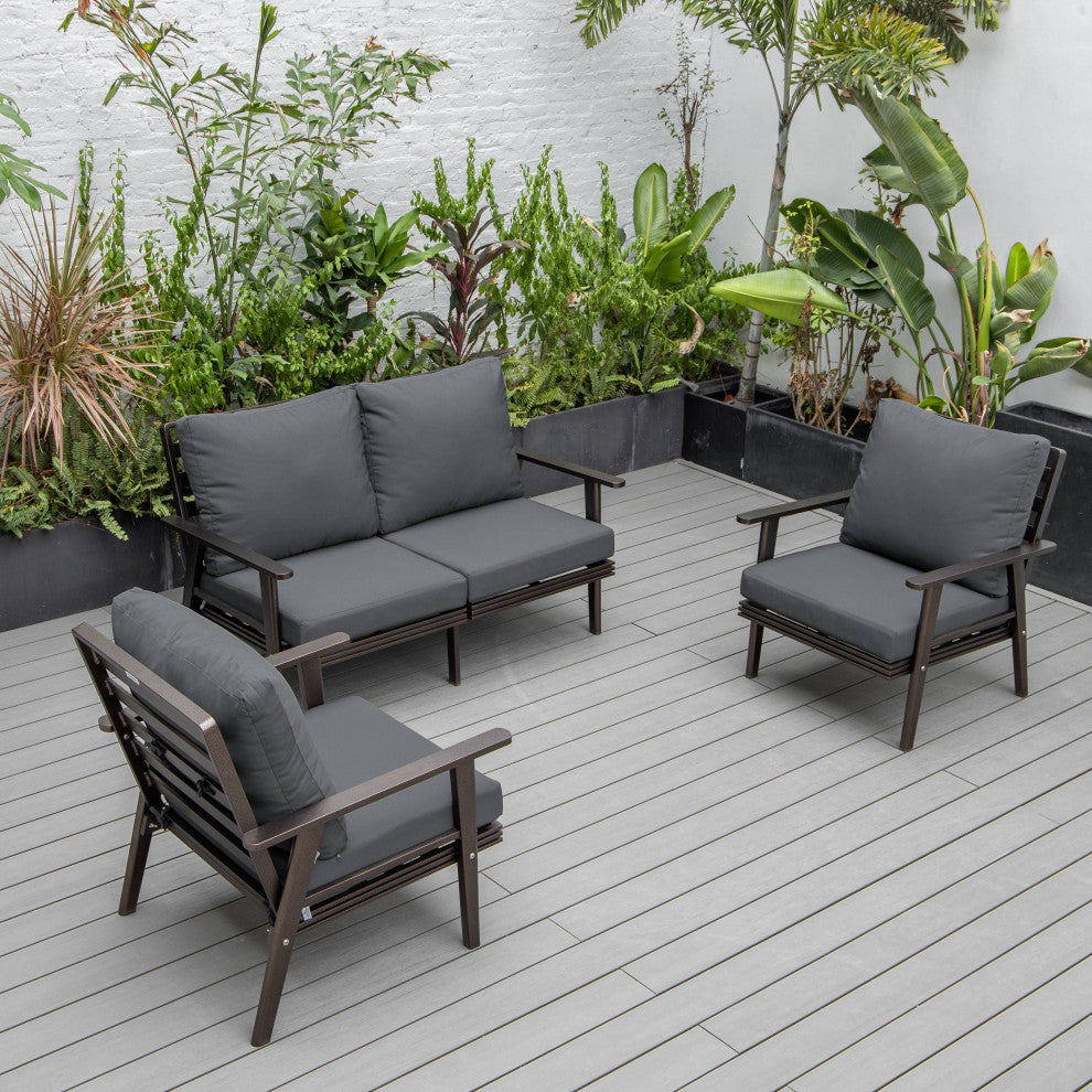 LeisureMod Walbrooke 3-Piece Patio Set With Brown Aluminum Frame and Cushions, Charcoal
