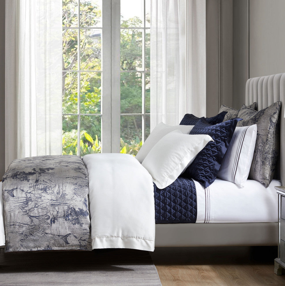 High Shine Satin Quatrefoil Quilt Set, 3 Piece, Navy, King