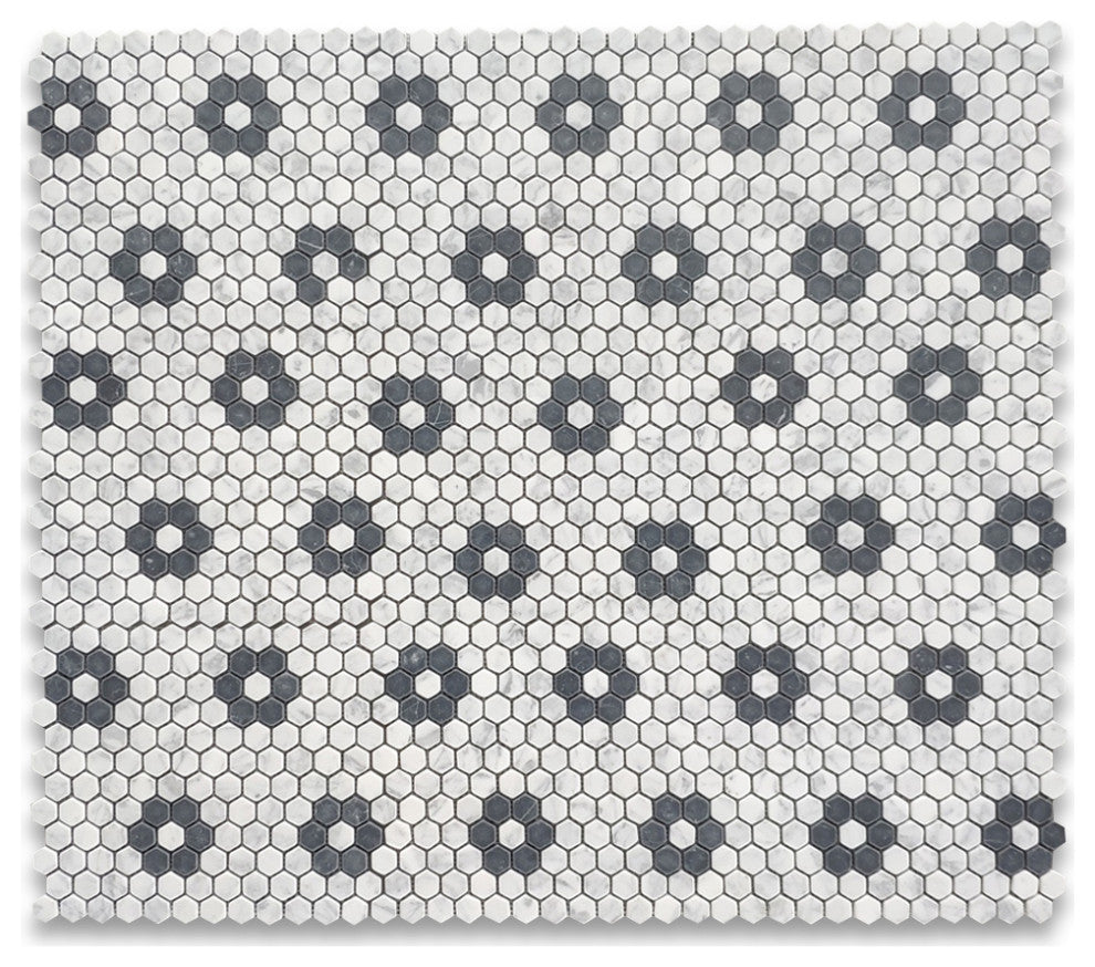 Carrara White Marble Rosette Hexagon NonSlip Floor Mosaic Tile Tumbled, 1 sheet