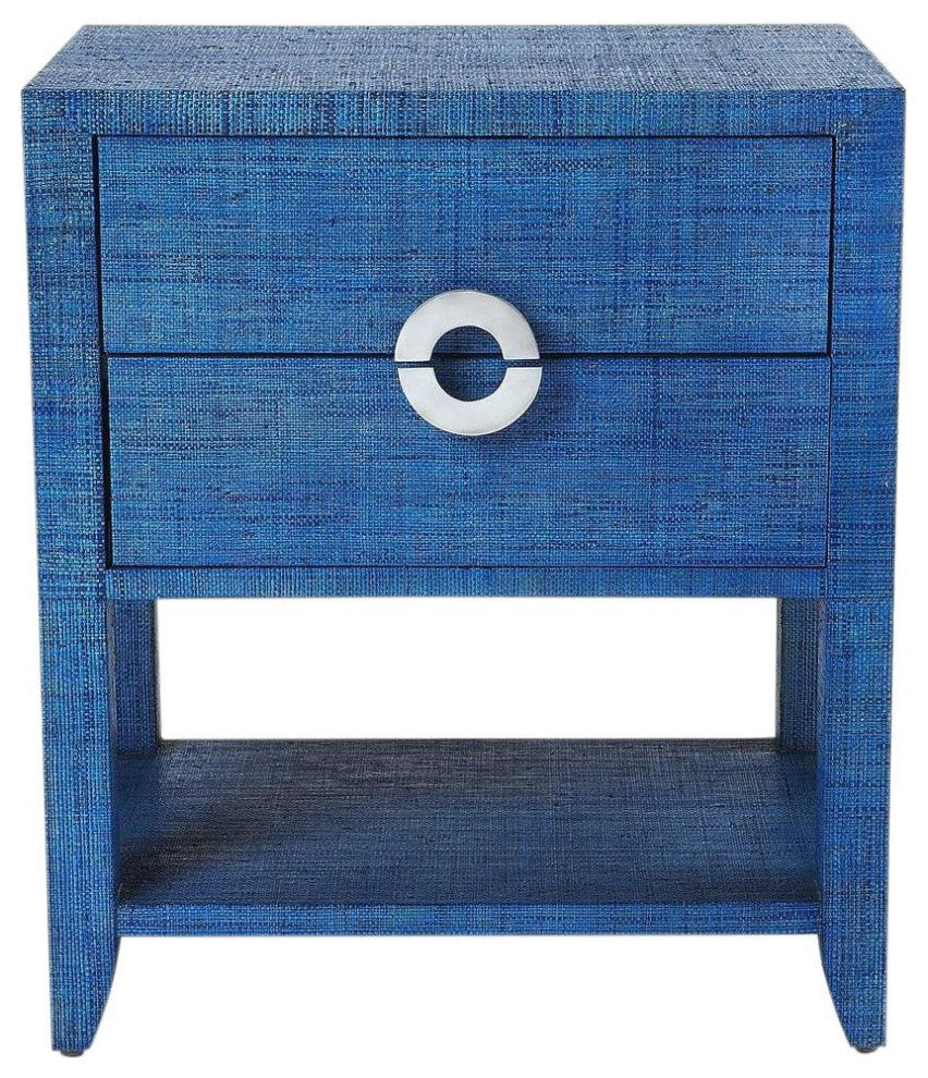 Ocean Blue Raffia Nightstand with Drawers
