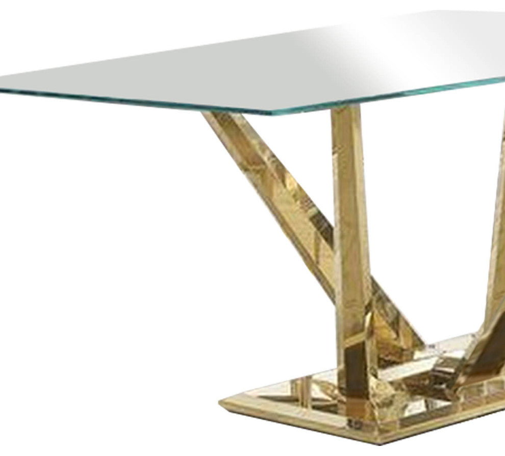 Benzara BM261901 Dining Table and Glass Top and Steel Pedestal Base, Gold