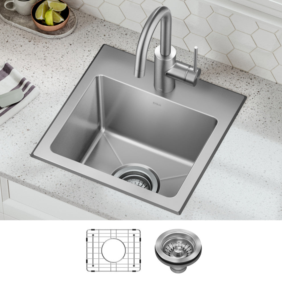KRAUS Fairlane 15" Drop, / Top Mount 1-Bowl Stainless Steel Kitchen Sink