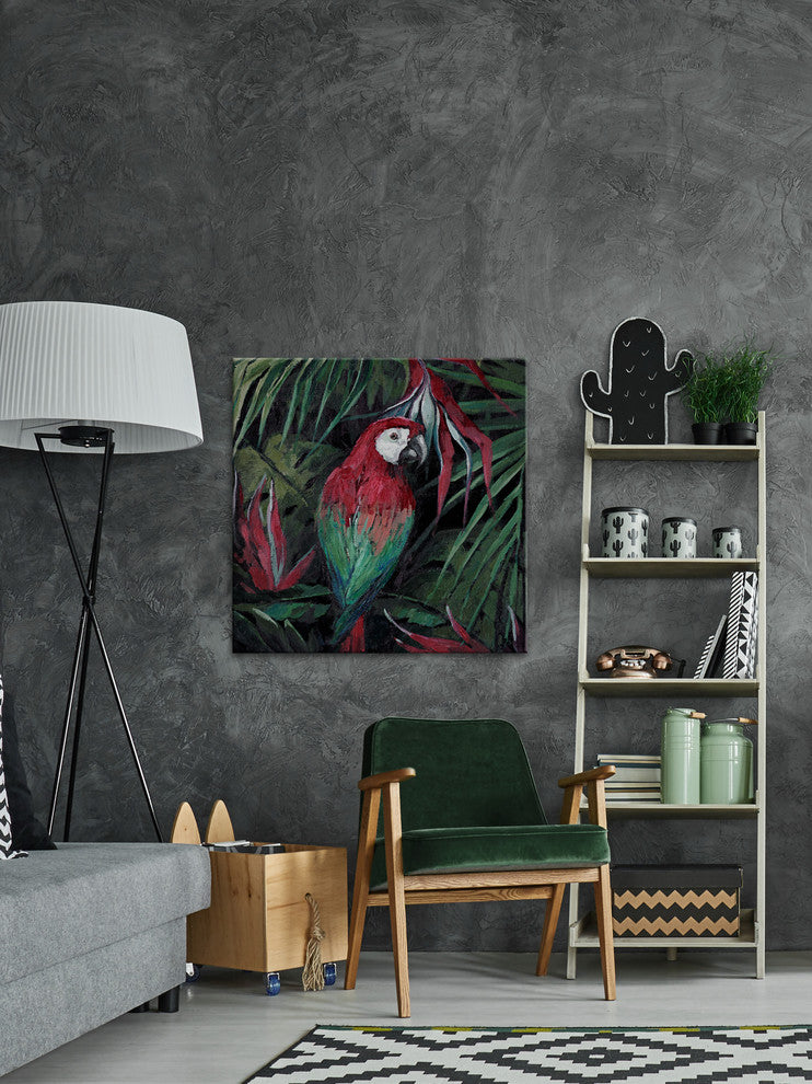 "Jungle Parrot" Painting Print on Wrapped Canvas, 18"x18"