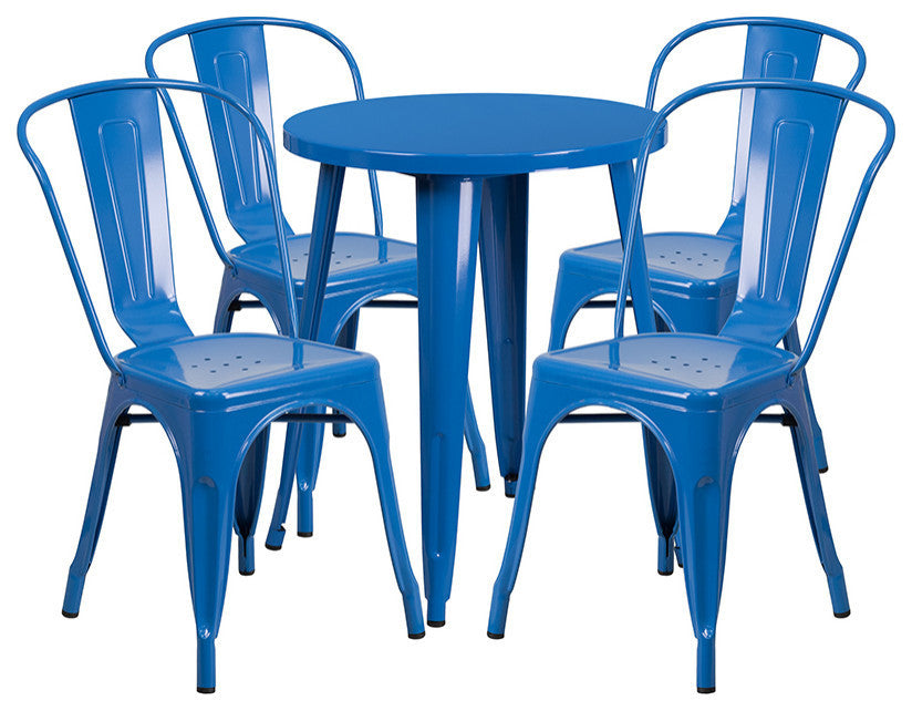 Commercial Grade 24" Round Blue Metal Indoor-Outdoor Table Set, 4 Cafe Chairs