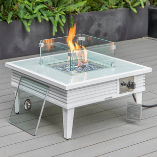LeisureMod Walbrooke Square Fire Pit Table and Tank Holder With Slats, White