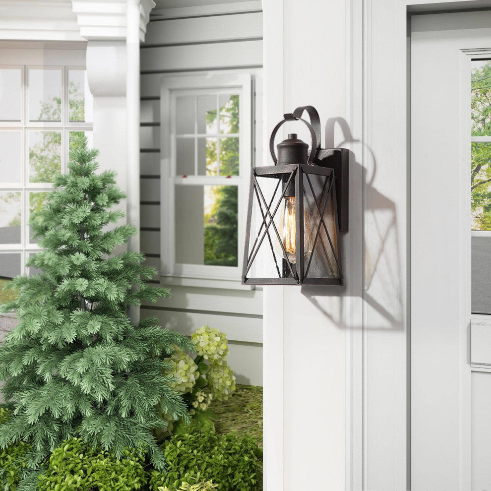 1-Light Seeded Glass X Outdoor Wall Lamp, Set of 2, 12.5"H, Antique Bronze