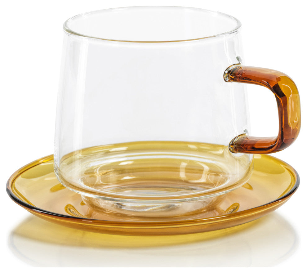 Bergamo Glass Tea and Coffee Cups and Saucers, Set of 4, Amber