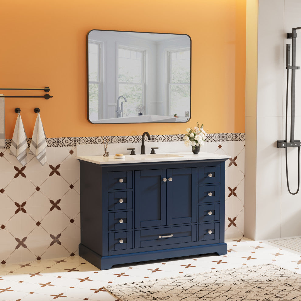 48" Freestanding Bathroom Vanity with White Cultured Marble Top in White