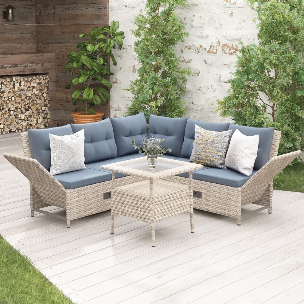 4 Pieces Outdoor Rattan Patio Sectional Sofa Set With Adjustable Backs