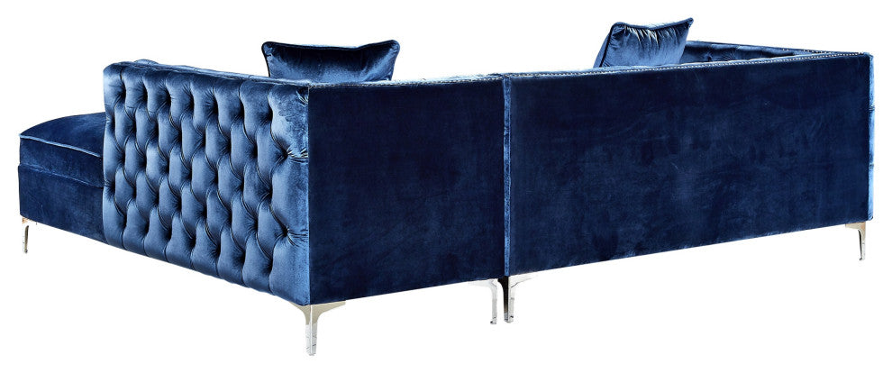 Jeannie Velvet Tufted With Nailhead Trim Sectional, Navy, Right Facing Chaise