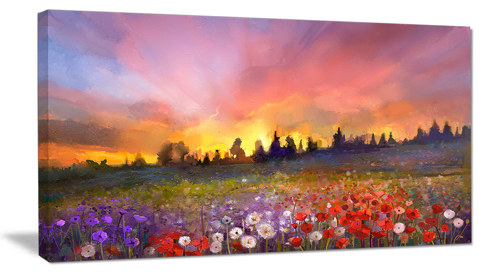 Field of Poppy Dandelion and Daisy, Large Floral Canvas Artwork, 32"x16"