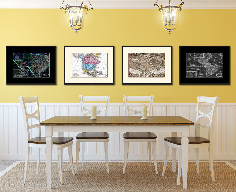 Texas Vintage Vivid Sepia Map Print On Canvas With Black Custom Frame, 16" X 21"