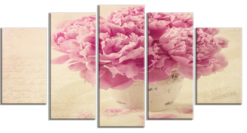 Bunch of Peony Flowers on Table, Large Floral Canvas Print, 60"x32", 5 Panels