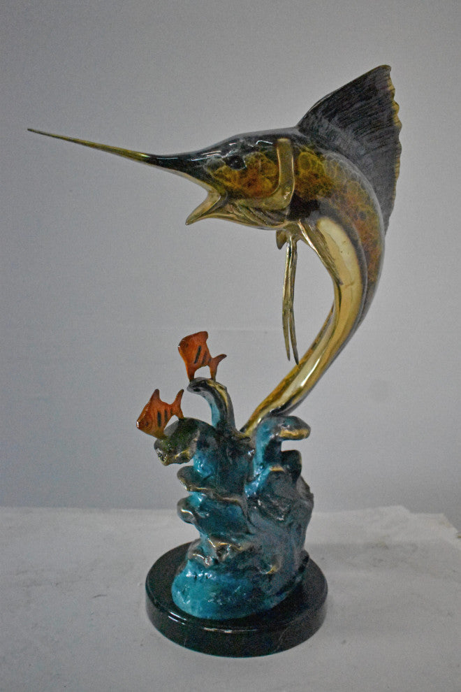 Swordfish with Two Small fish Bronze Statue on Marble - Size: 21"L x 13"W x 28