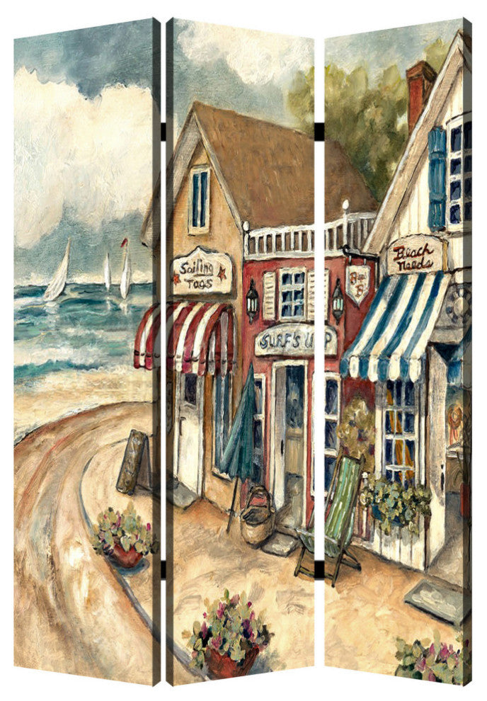 48 X 72 Multi Color Wood Canvas Seaside Town Slate  Screen