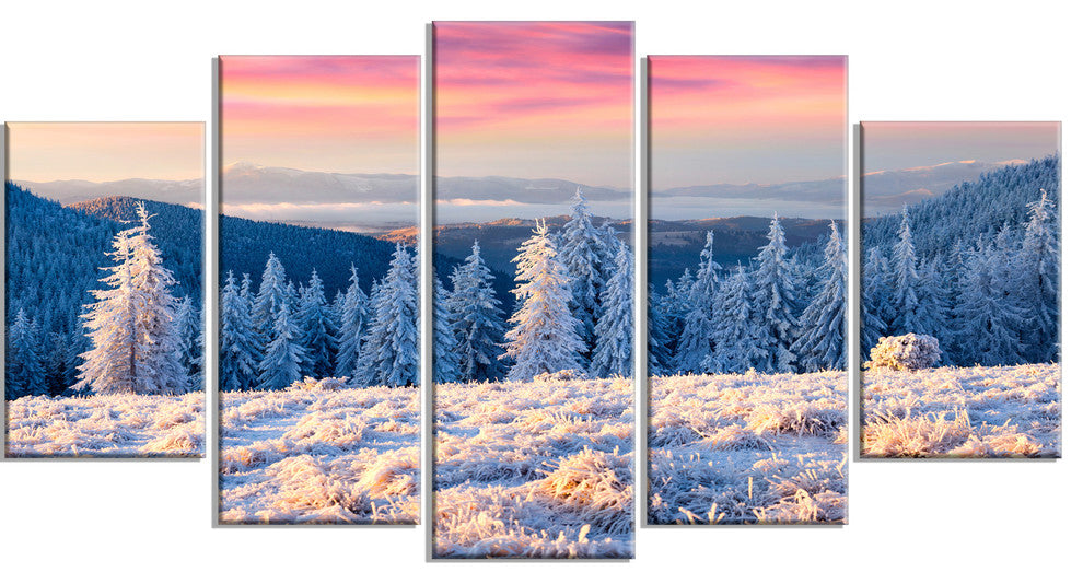 Amazing Winter Sunrise in Mountains, White, Landscape Canvas, 60"x32", 5 Panels