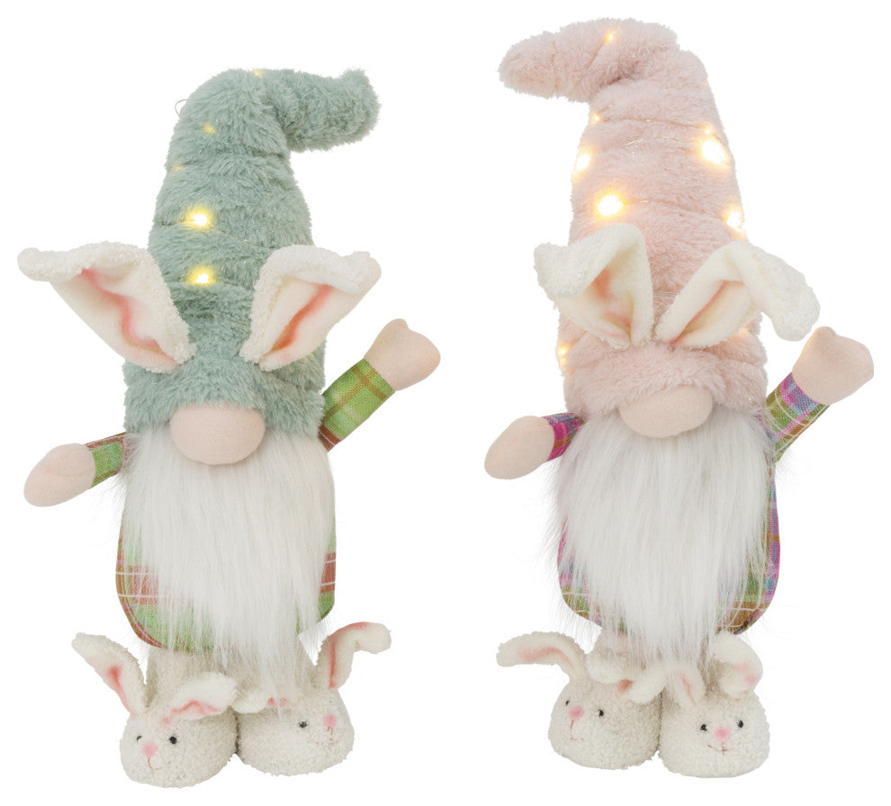 Set of 2, Assorted 17" Battery Operated Fabric Standing Bunny Gnomes