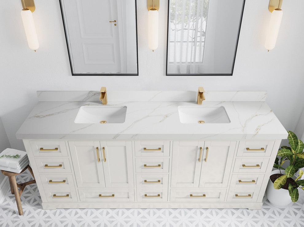 Boston 84" Double Sink Bath Vanity in Alabaster 2" Calacatta Sienna