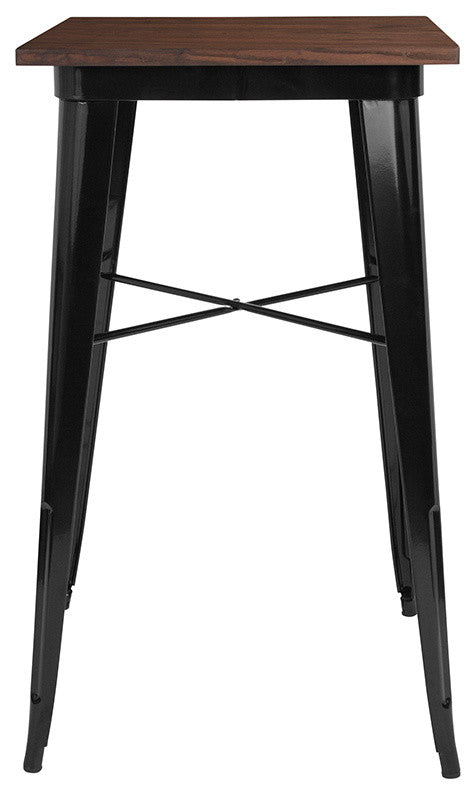 23.5" Square Black Metal Indoor Bar Height Table With Walnut Rustic Wood Top