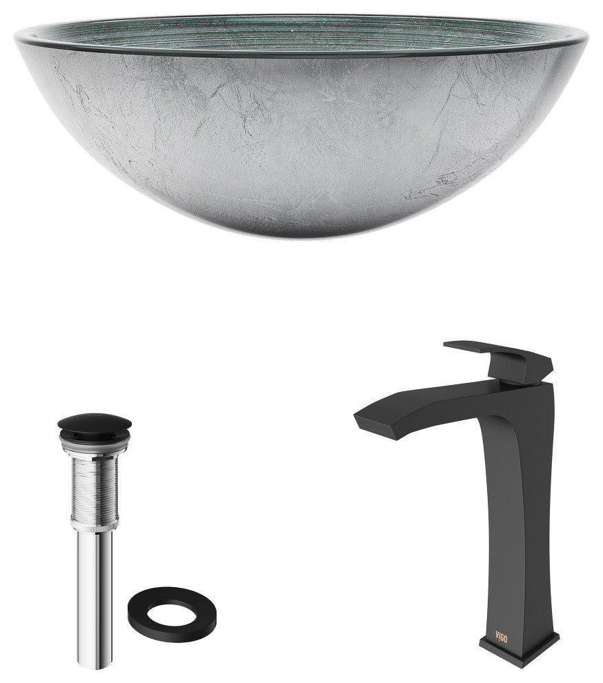 VIGO Simply Silver Glass Vessel Sink and Blackstonian Faucet Set, Matte Black